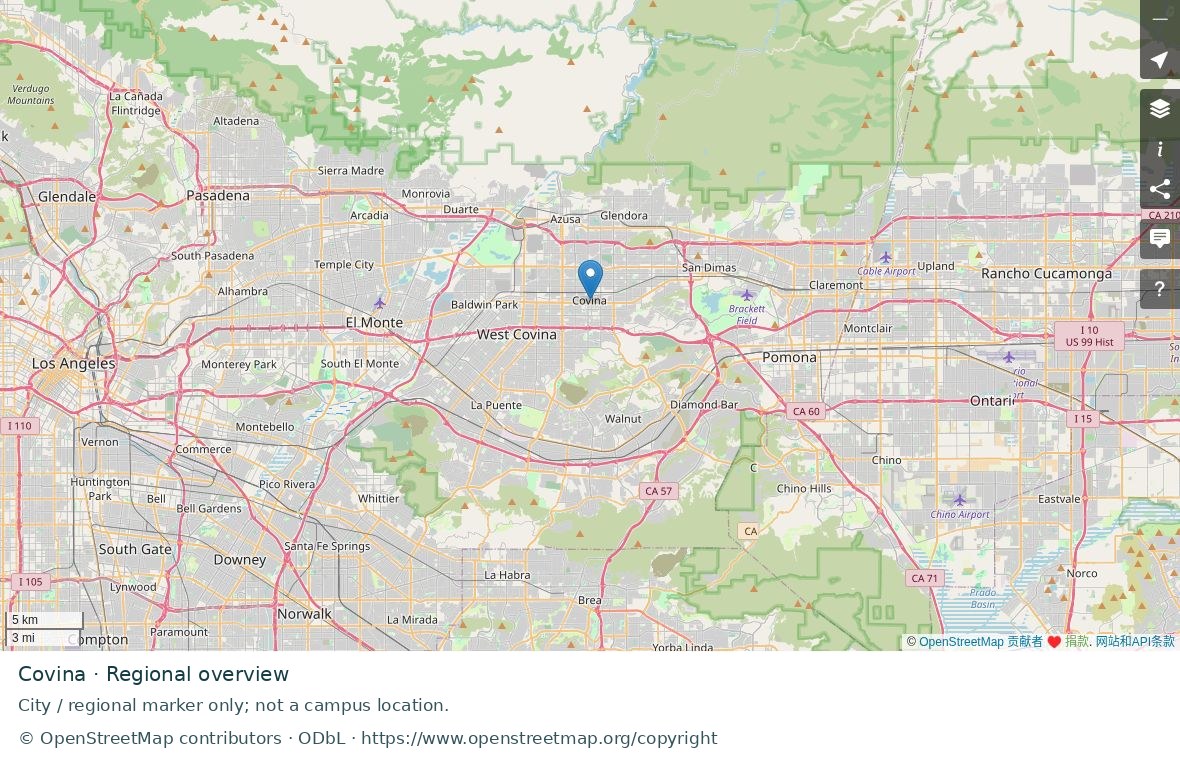 Covina regional road map; marker represents the city or area, not a school location.