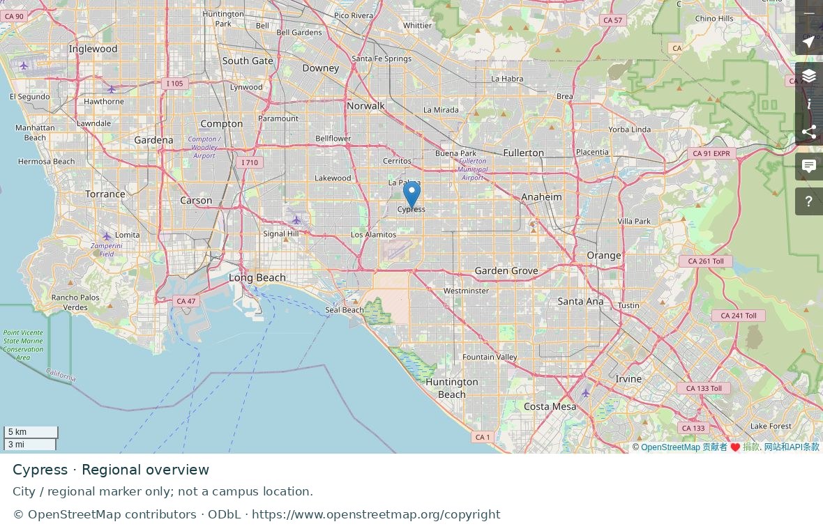 Cypress regional road map; marker represents the city or area, not a school location.