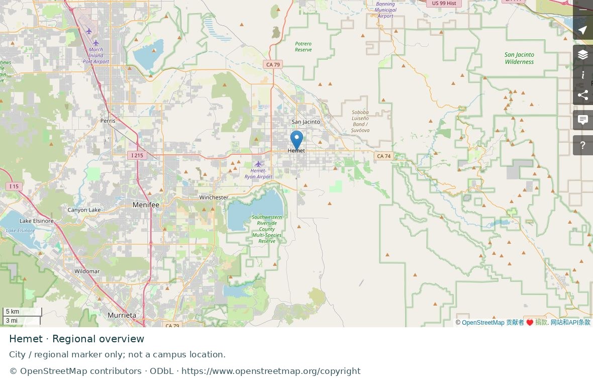 Hemet regional road map; marker represents the city or area, not a school location.