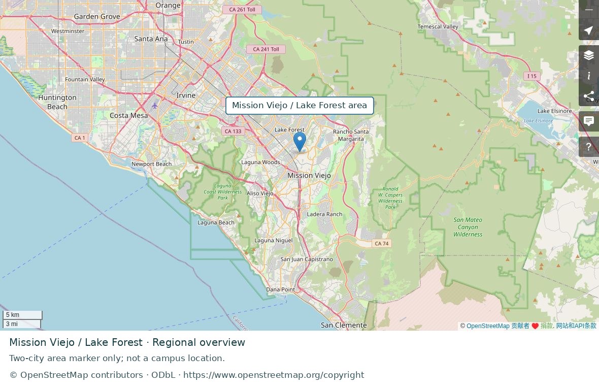 Mission Viejo / Lake Forest regional road map; marker represents the city or area, not a school location.