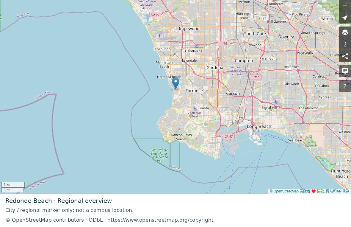Redondo Beach regional road map; marker represents the city or area, not a school location.