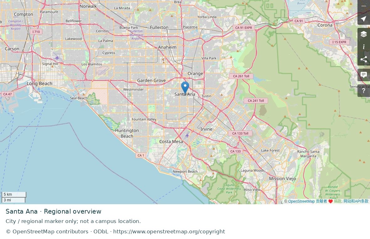Santa Ana regional road map; marker represents the city or area, not a school location.