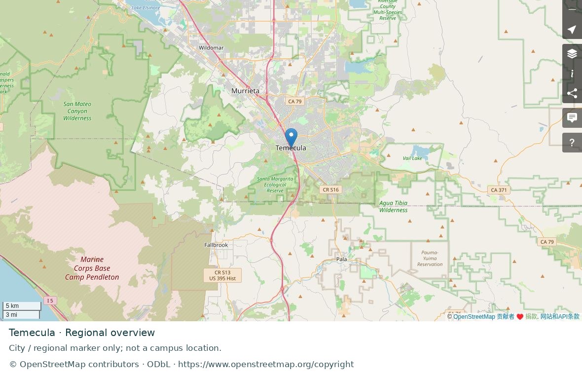 Temecula regional road map; marker represents the city or area, not a school location.