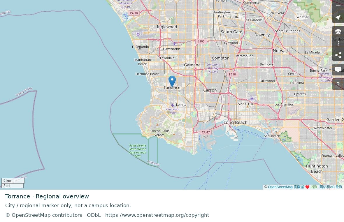 Torrance regional road map; marker represents the city or area, not a school location.