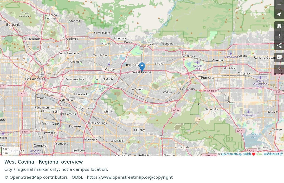 West Covina regional road map; marker represents the city or area, not a school location.