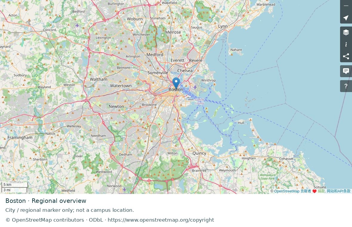 Boston regional road map; marker represents the city or area, not a school location.
