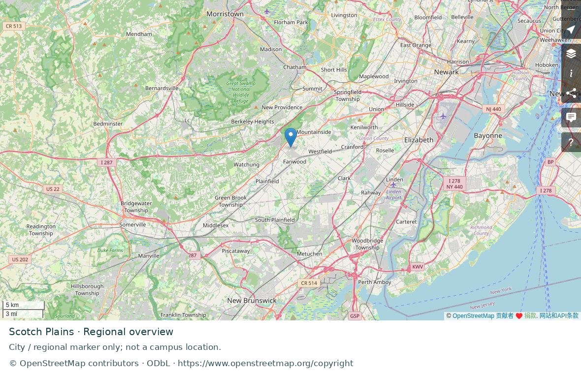 Scotch Plains regional road map; marker represents the city or area, not a school location.