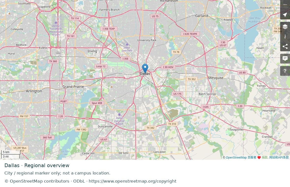 Dallas regional road map; marker represents the city or area, not a school location.