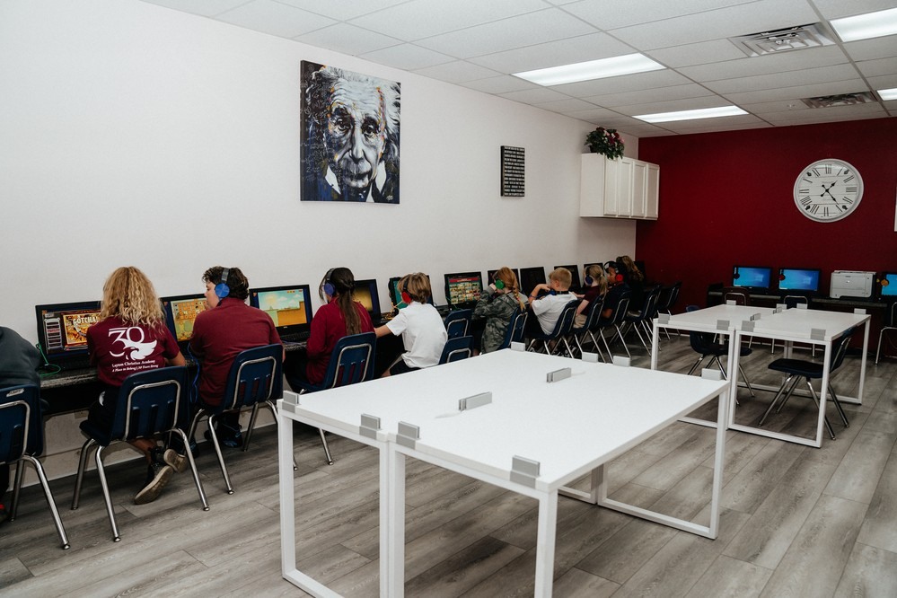 Students working in a computer classroom