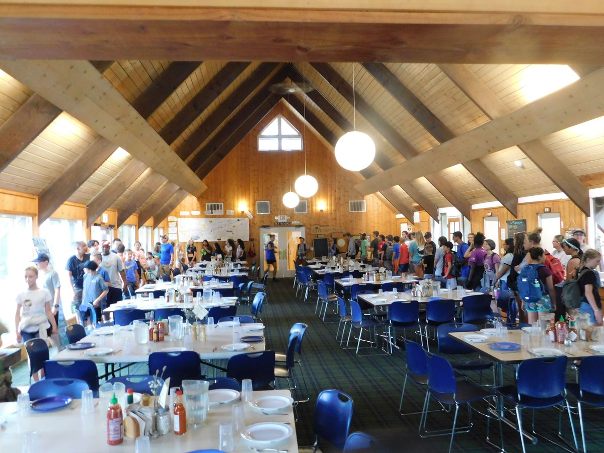Shared dining space inside the camp dining hall