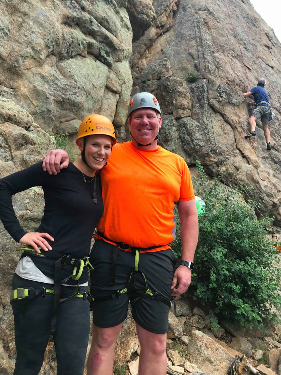 Cheley Family Camp: adult participants on an outdoor rock-climbing activity.