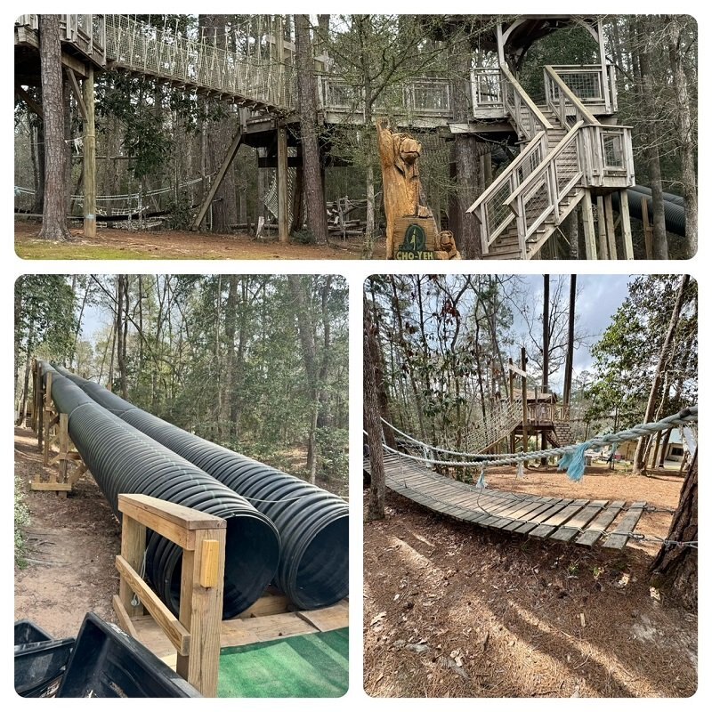 Past camp-tour views: treehouse, suspension bridge and slide