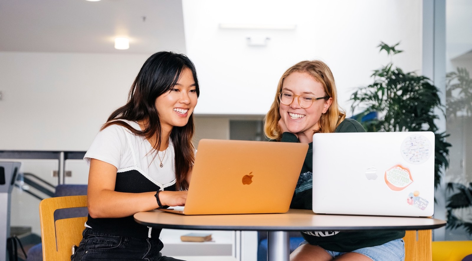 Two students studying together with laptops