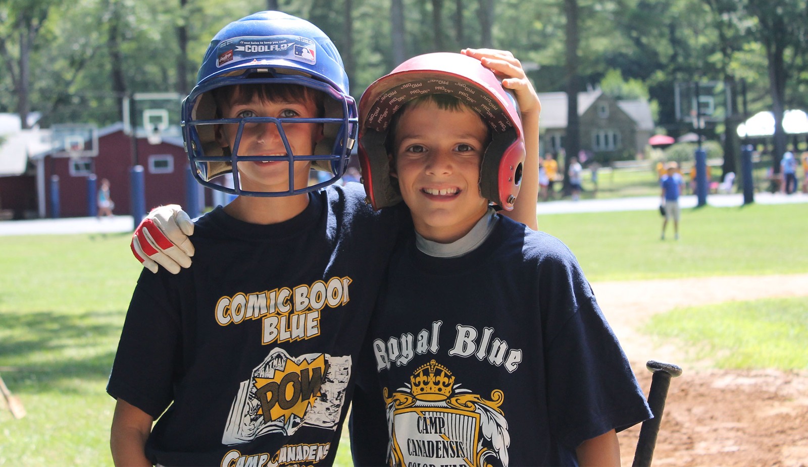 Campers posing in baseball safety gear