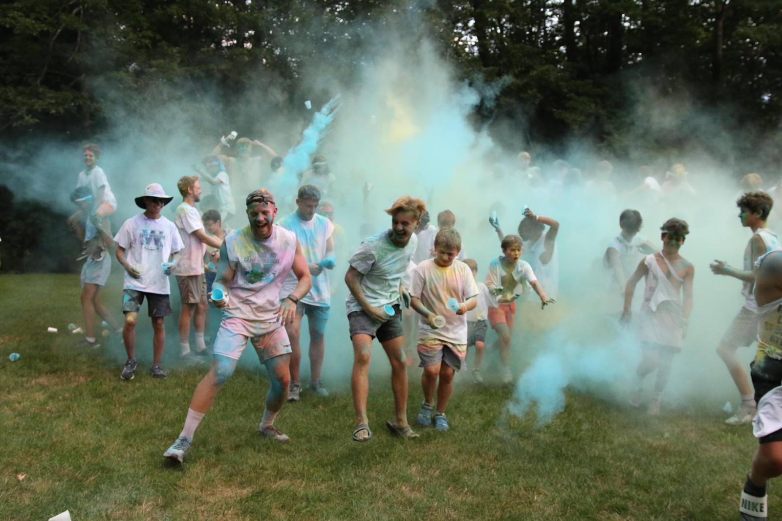 Campers taking part in an outdoor color-powder activity