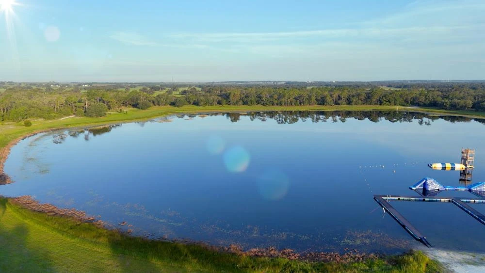 The lake and waterfront activity area at Circle F Dude Ranch Camp