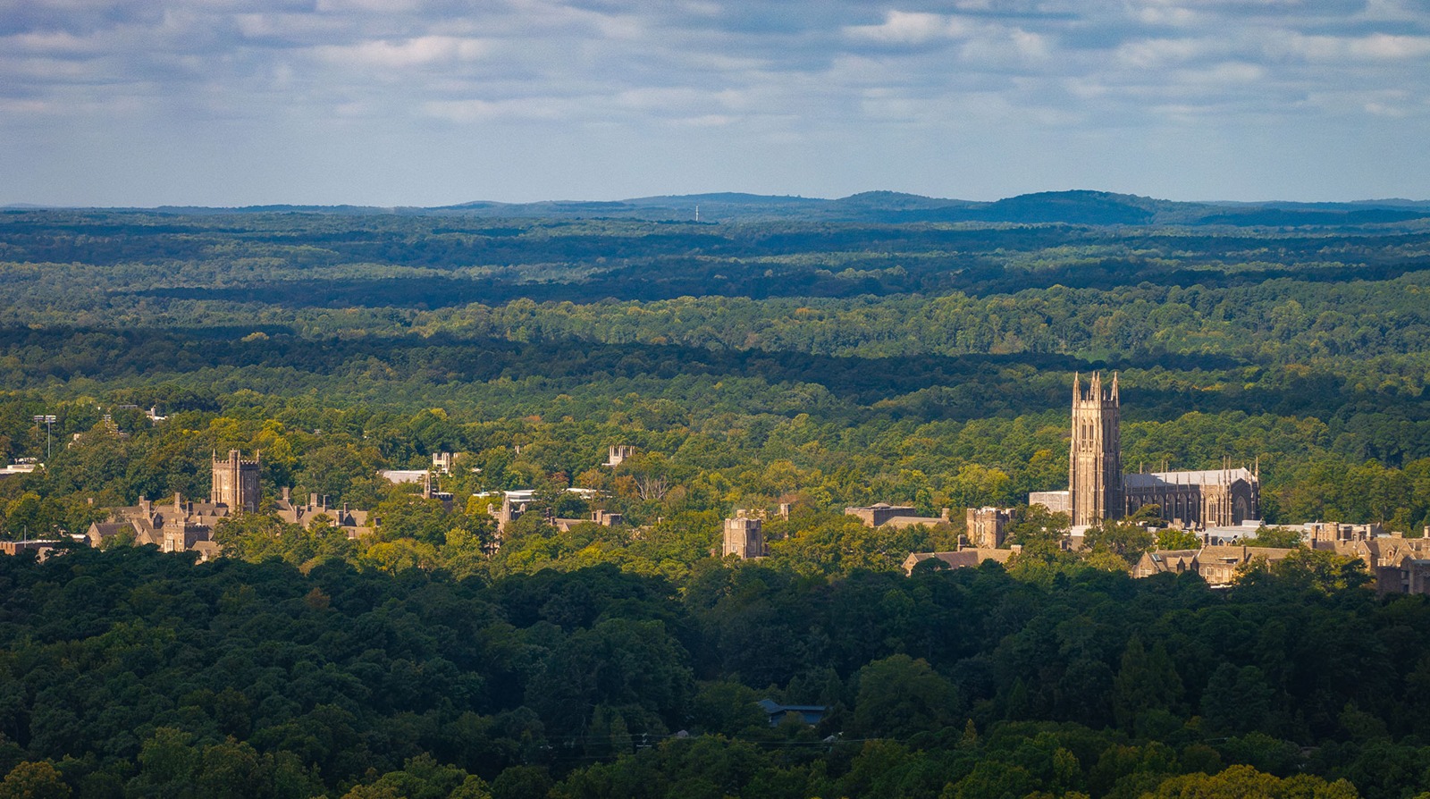 Aerial view of Duke’s West Campus and surrounding woods