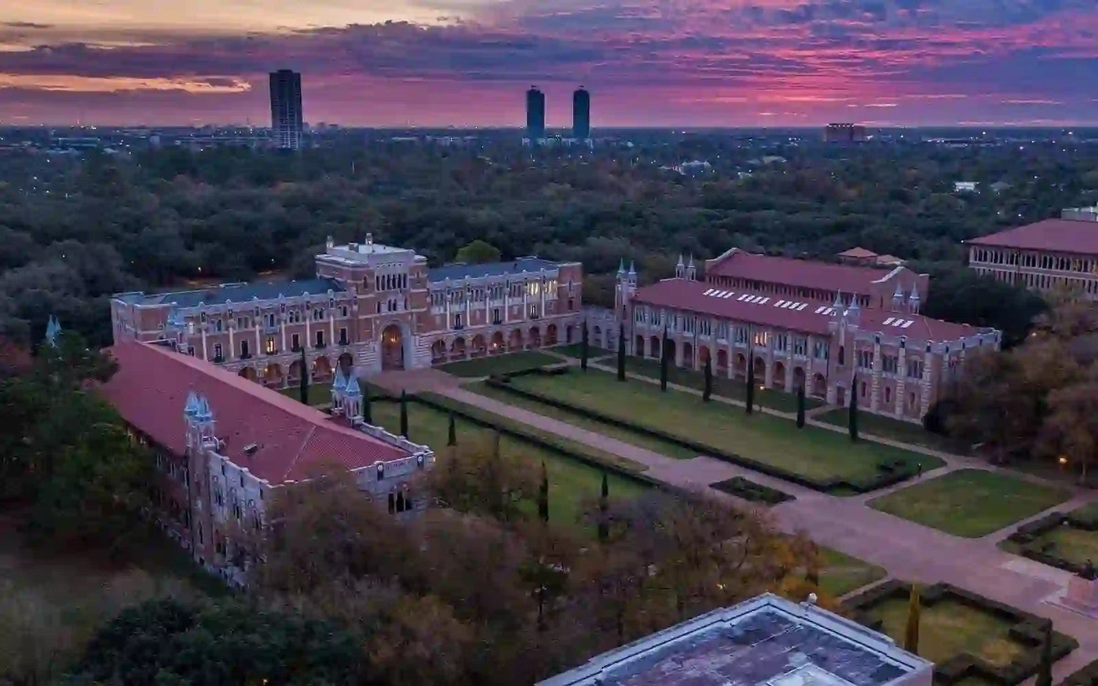 Aerial view of Rice University’s campus and lawn